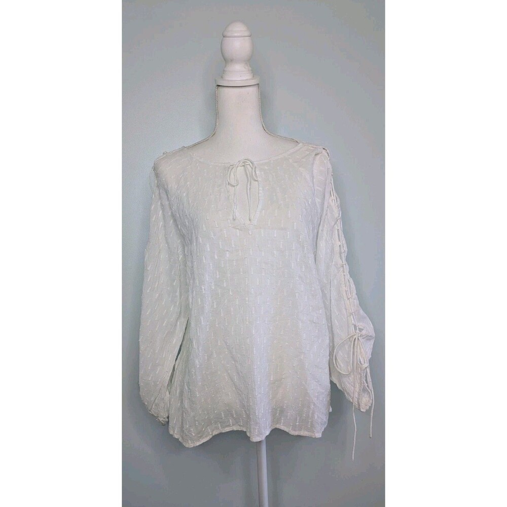 O'Neill "Serina" Size XL White Cotton Gauze Lace-Up Sleeve Peasant Blouse